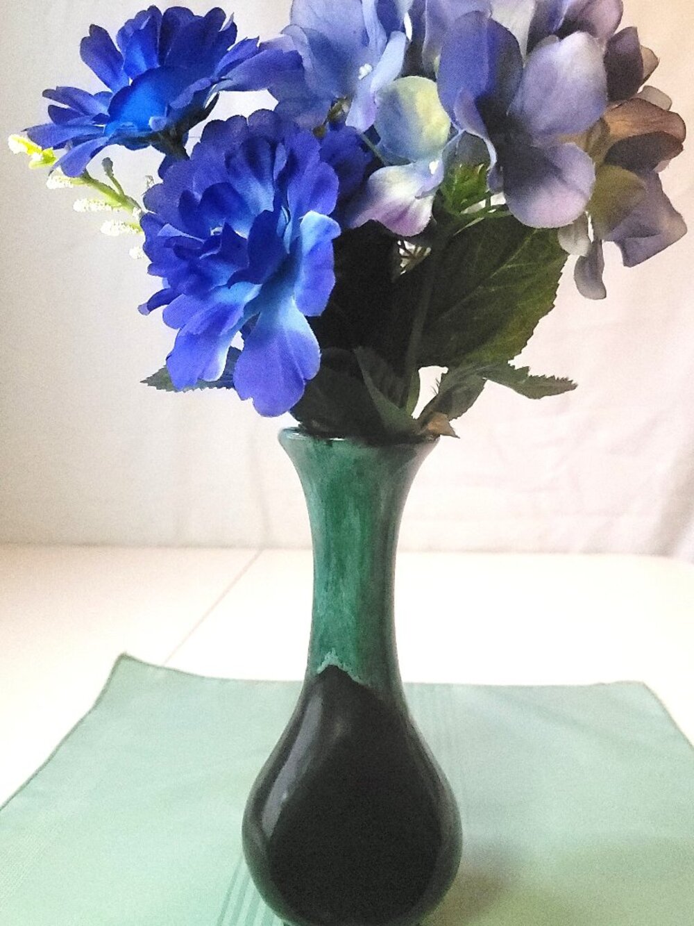 1970s Blue Mountain Pottery Green Black Drip Glaze Bud Vase
